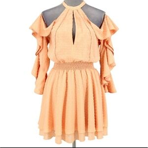 House Of Harlow 1960 Dress‎ Womens Small Peach Orange Swiss Dot Ruffles Revolve